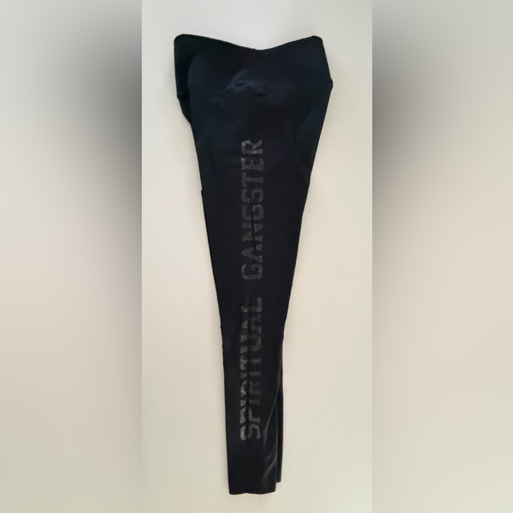 Spiritual Gangster Black Leggings Embossed Glossy Logo Hidden Waist Pocket Euc